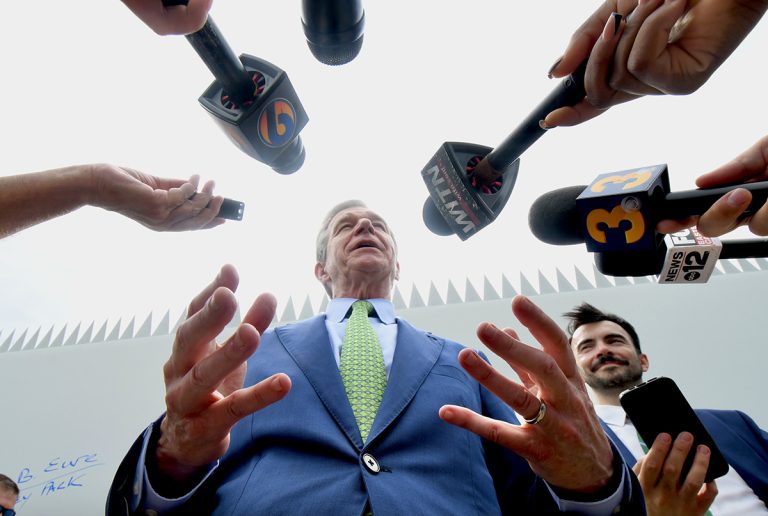 Gov. Roy Cooper speaks to reporters about renewable energy, sidestepping questions about his possible selection as a vice presidential candidate, Wednesday at a turbine blade-signing event celebrating construction of the Timbermill Wind project by Apex Clean Energy in Chowan County. The 189-megawatt wind energy project is the state's second and the first to be built since 2017. It is expected to generate up to $33 million in tax revenue over its lifetime and become the county’s largest taxpayer during its first year of operation. Photo: Dylan Ray