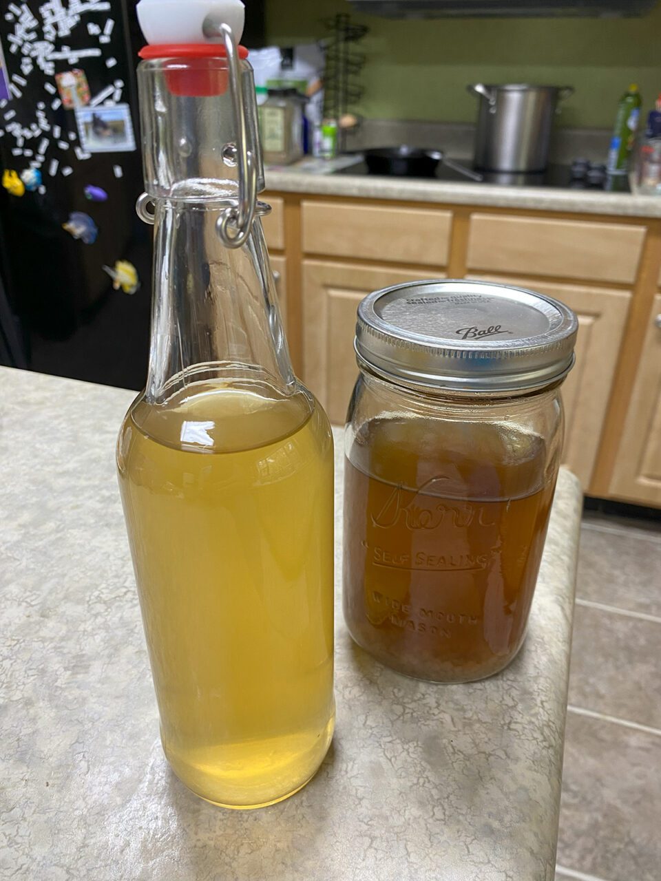 Here's a water kefir starter, right, and a twice-fermented water kefir 